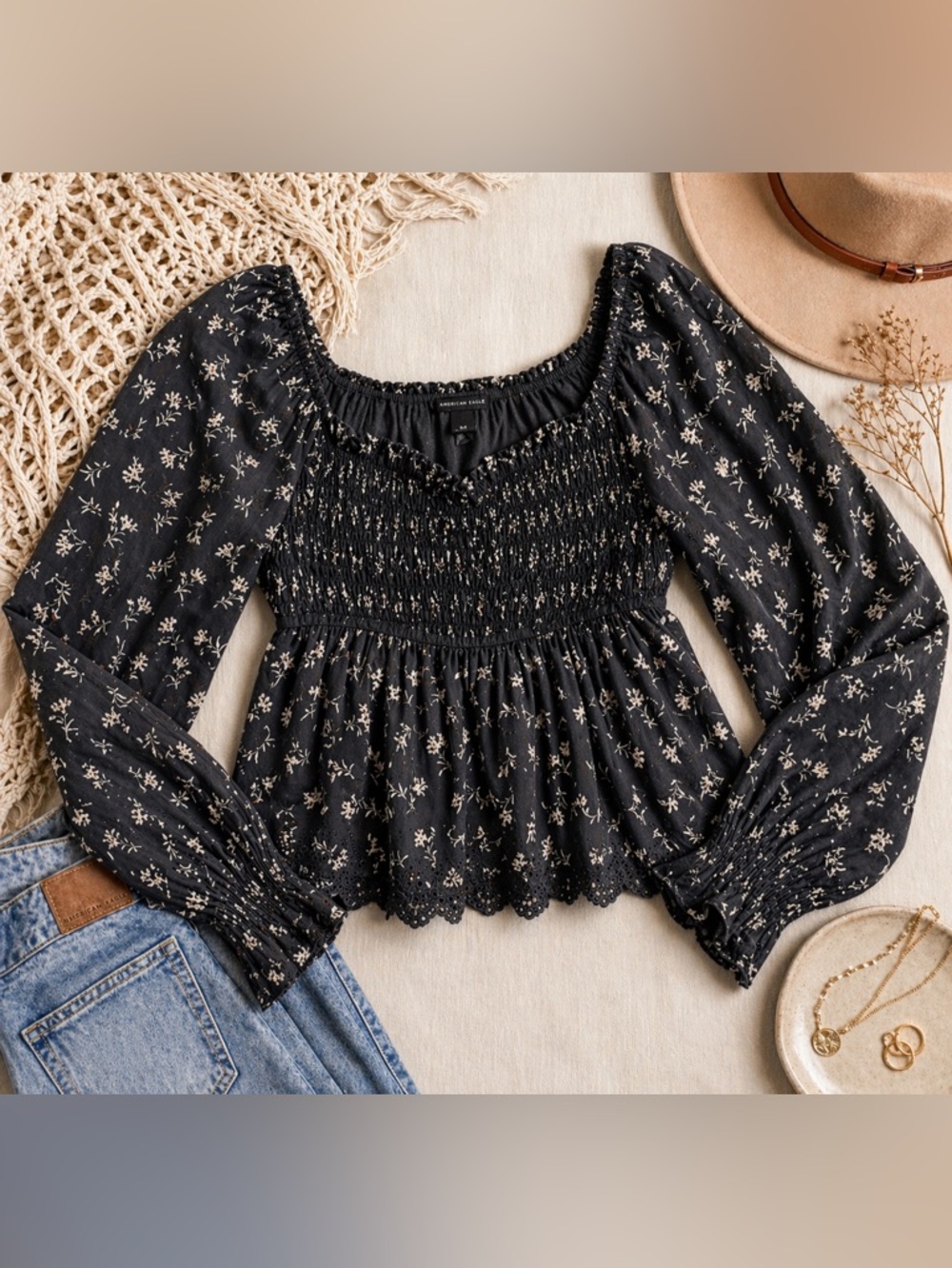 NWT American Eagle Boho Smocked Sweetheart-Neck Gray/Black Medium Top